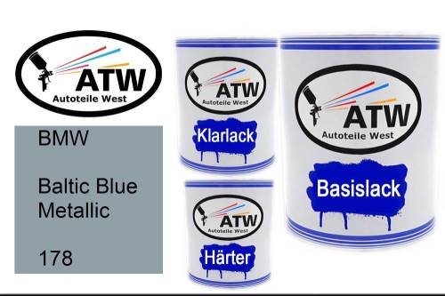 BMW, Baltic Blue Metallic, 178: 1L Lackdose + 1L Klarlack + 500ml Härter - Set, von ATW Autoteile West.